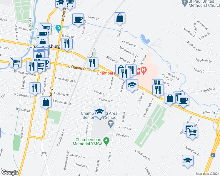 map of restaurants, bars, coffee shops, grocery stores, and more near 509 East Washington Street in Chambersburg
