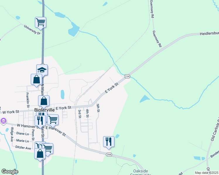 map of restaurants, bars, coffee shops, grocery stores, and more near 322 East York Street in Biglerville
