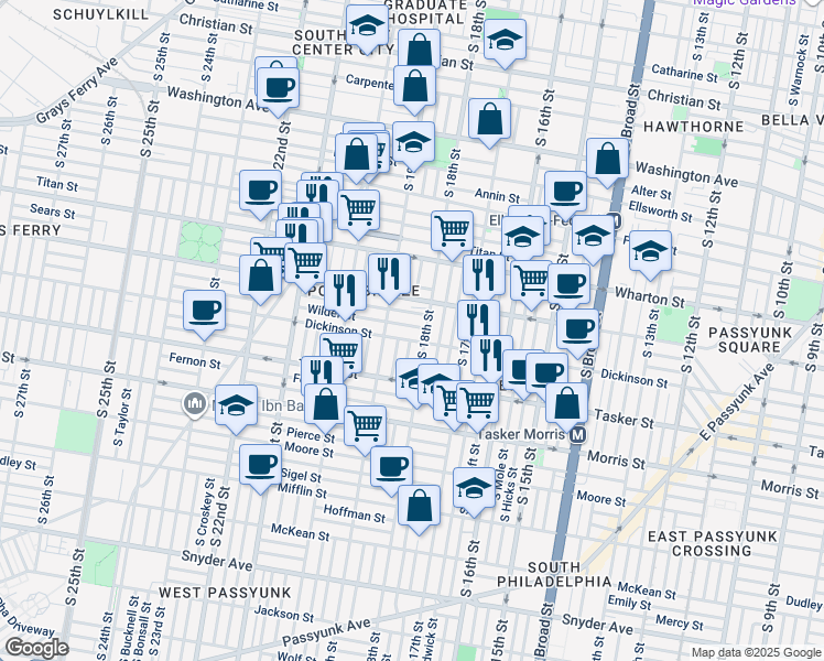 map of restaurants, bars, coffee shops, grocery stores, and more near 1816 Wilder Street in Philadelphia