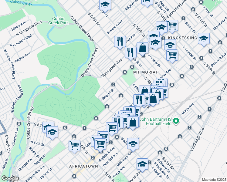map of restaurants, bars, coffee shops, grocery stores, and more near 6016 Regent Street in Philadelphia