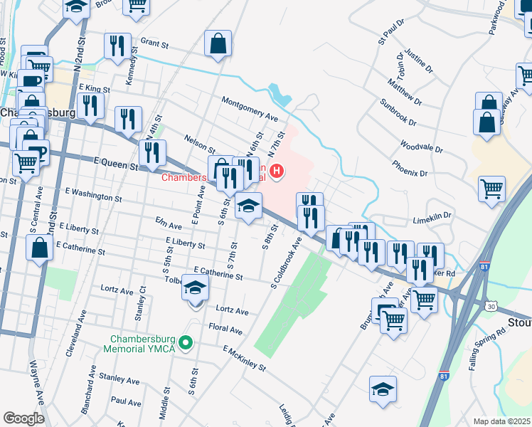 map of restaurants, bars, coffee shops, grocery stores, and more near 714 Lincoln Way East in Chambersburg