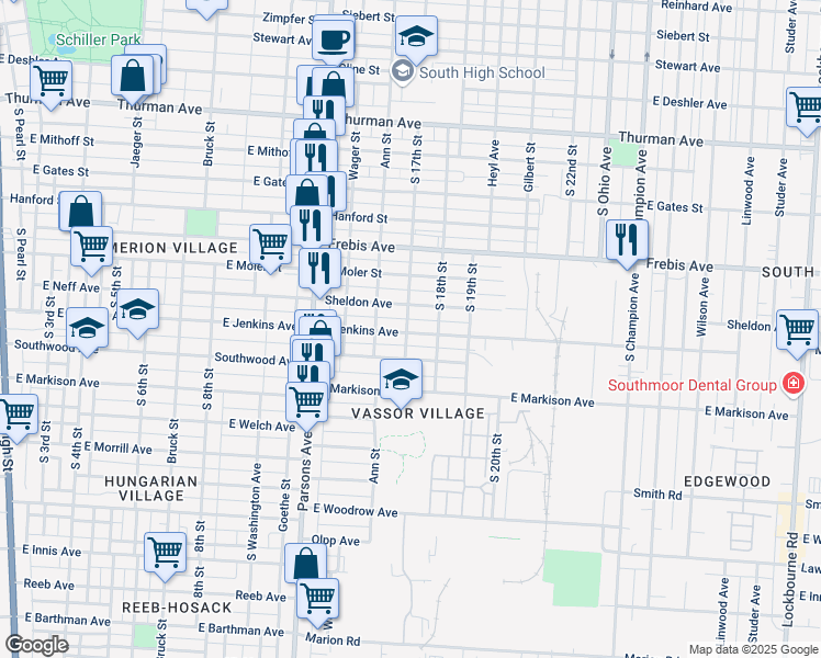 map of restaurants, bars, coffee shops, grocery stores, and more near 592 East Jenkins Avenue in Columbus