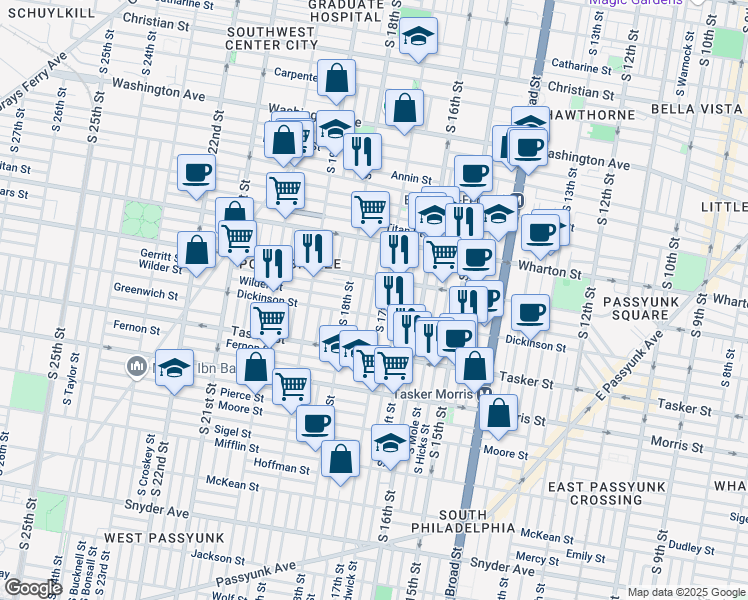 map of restaurants, bars, coffee shops, grocery stores, and more near 1433 South Colorado Street in Philadelphia