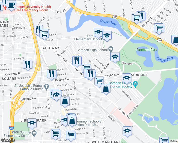 map of restaurants, bars, coffee shops, grocery stores, and more near 1224 Princess Avenue in Camden