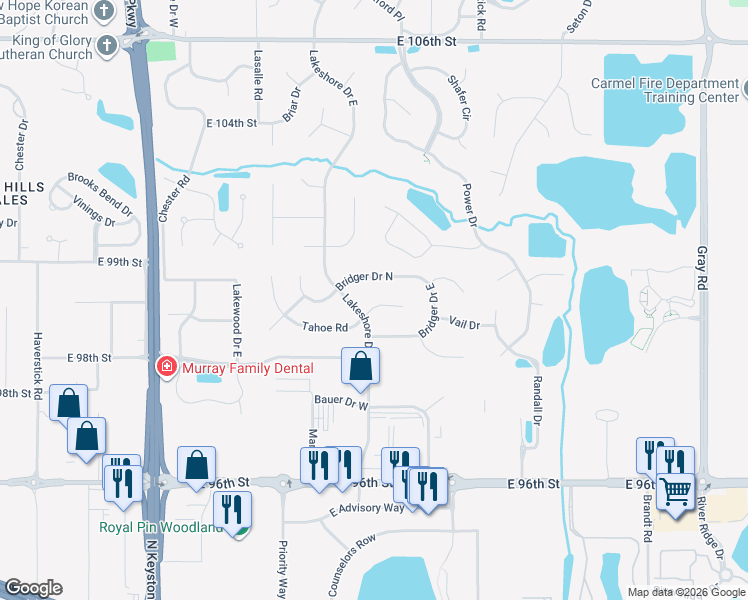 map of restaurants, bars, coffee shops, grocery stores, and more near 3628 Tahoe Court in Carmel