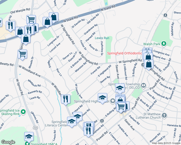 map of restaurants, bars, coffee shops, grocery stores, and more near Forest Road in Springfield