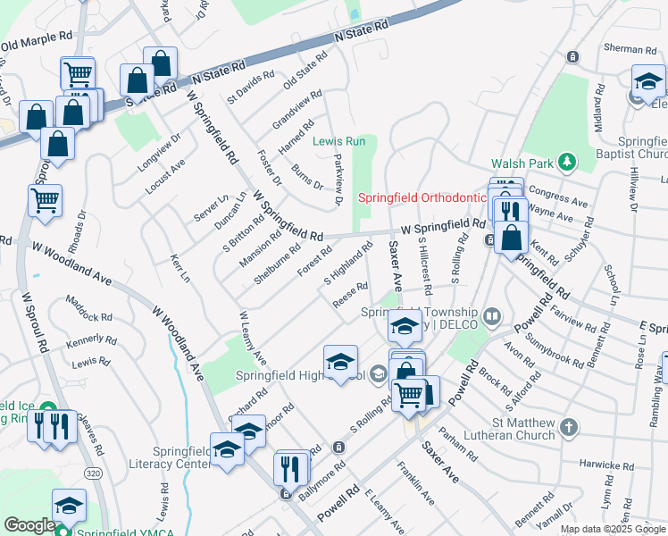map of restaurants, bars, coffee shops, grocery stores, and more near 158 South Highland Road in Springfield