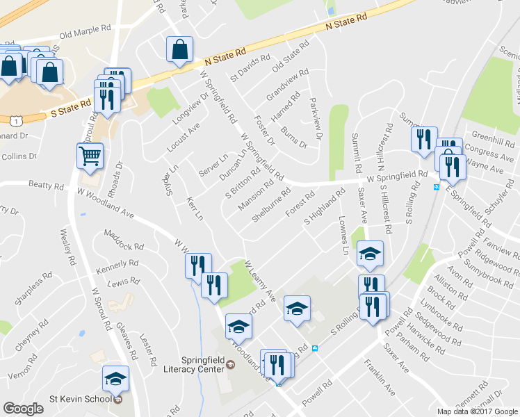 map of restaurants, bars, coffee shops, grocery stores, and more near 58 Shelburne Road in Springfield