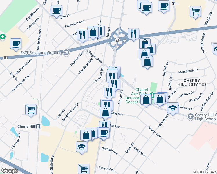 map of restaurants, bars, coffee shops, grocery stores, and more near 599 Haddonfield Road in Cherry Hill