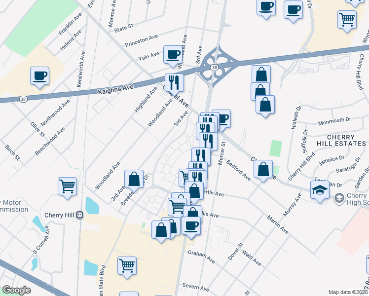 map of restaurants, bars, coffee shops, grocery stores, and more near 2028 Crescent Way in Cherry Hill