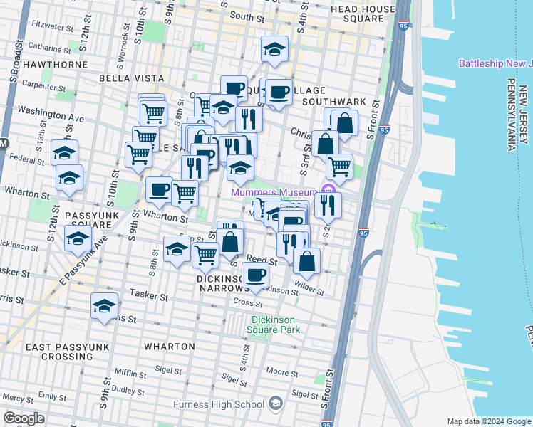 map of restaurants, bars, coffee shops, grocery stores, and more near 1214 South 4th Street in Philadelphia