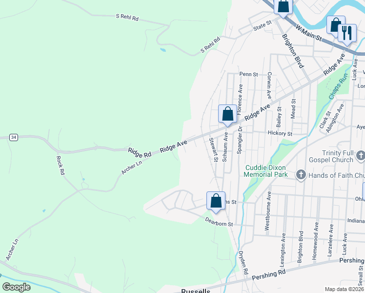 map of restaurants, bars, coffee shops, grocery stores, and more near 2040 Ridge Avenue in Zanesville