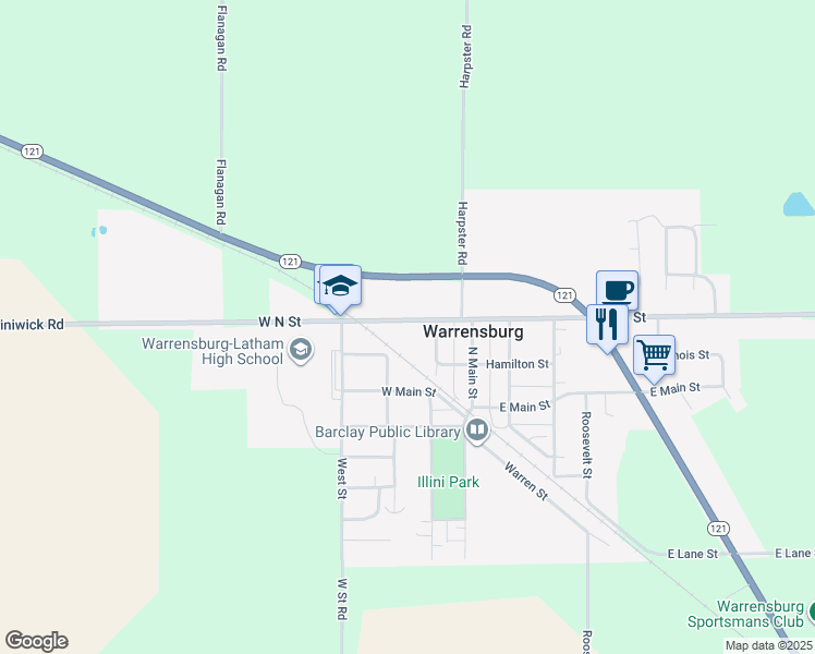 map of restaurants, bars, coffee shops, grocery stores, and more near 105 N North St in Warrensburg