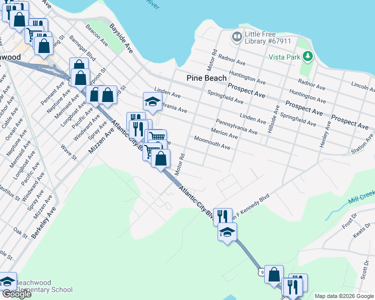 map of restaurants, bars, coffee shops, grocery stores, and more near 1112 Motor Road in Pine Beach