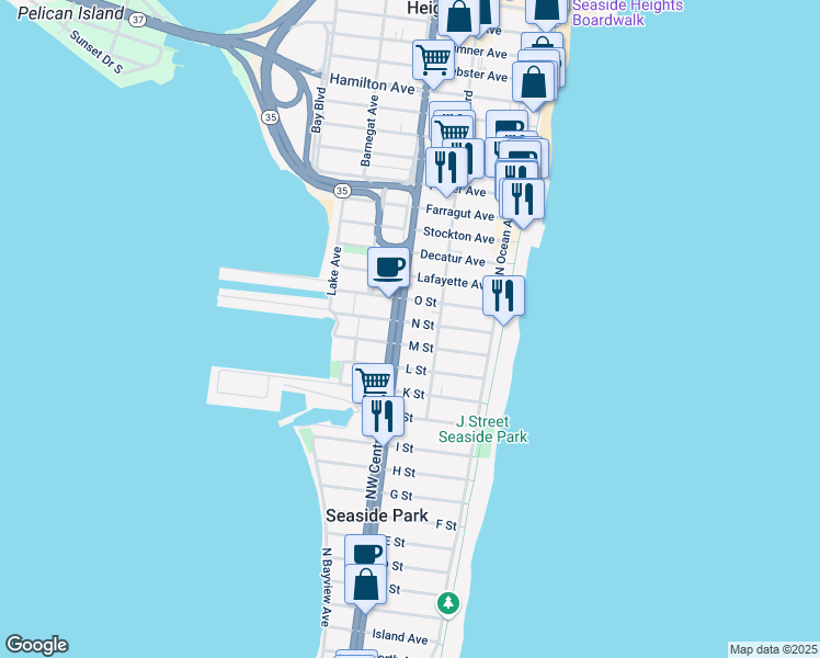 map of restaurants, bars, coffee shops, grocery stores, and more near 65 N Street in Seaside Park