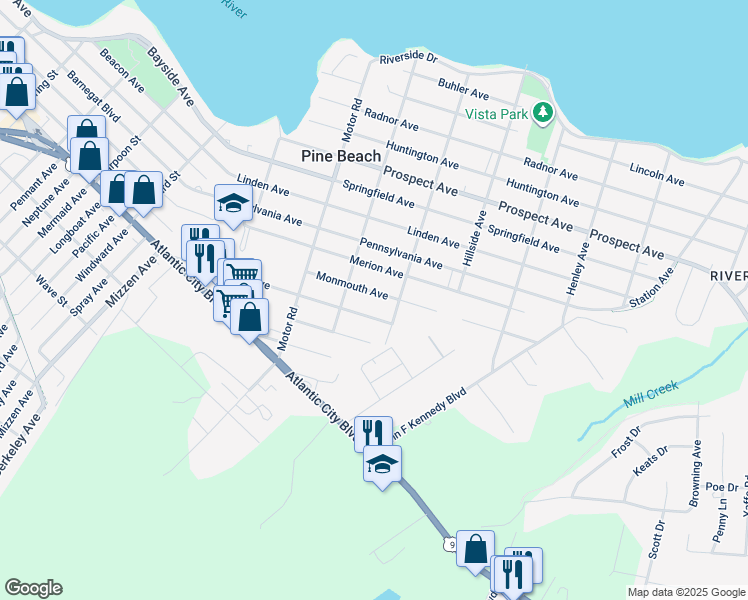 map of restaurants, bars, coffee shops, grocery stores, and more near 427 Monmouth Avenue in Pine Beach