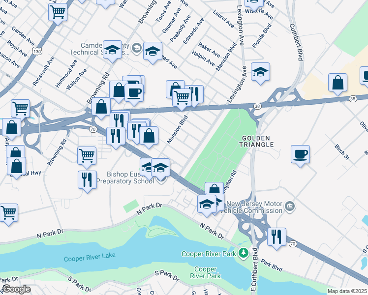 map of restaurants, bars, coffee shops, grocery stores, and more near 5448 Garden Avenue in Pennsauken Township