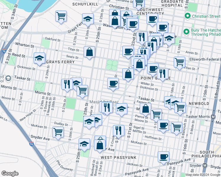 map of restaurants, bars, coffee shops, grocery stores, and more near 2313 Cross Street in Philadelphia