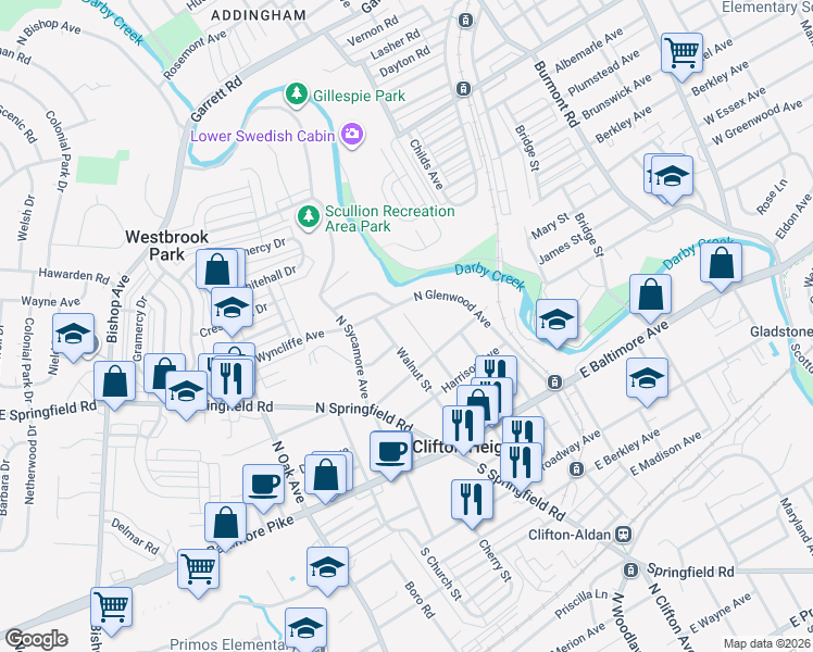 map of restaurants, bars, coffee shops, grocery stores, and more near 304 North Diamond Street in Clifton Heights