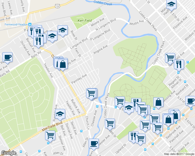 map of restaurants, bars, coffee shops, grocery stores, and more near 834 West Cobbs Creek Parkway in Yeadon