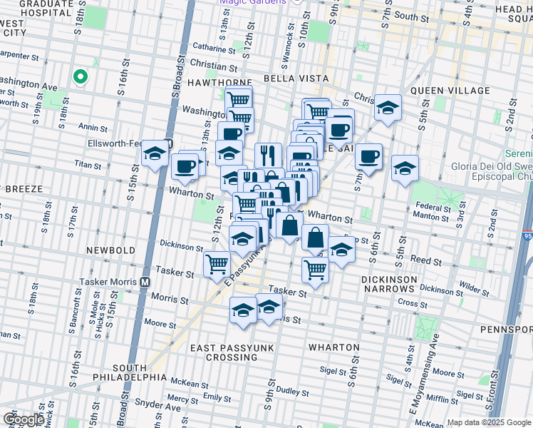 map of restaurants, bars, coffee shops, grocery stores, and more near 1309 South 10th Street in Philadelphia
