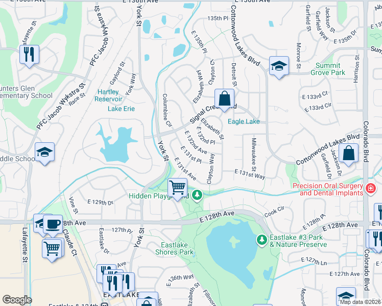 map of restaurants, bars, coffee shops, grocery stores, and more near 2589 East 131st Place in Thornton