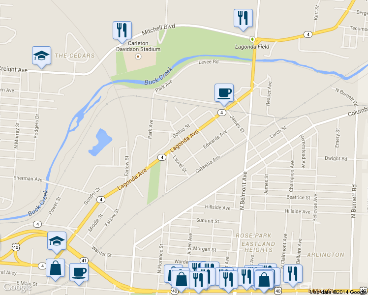 map of restaurants, bars, coffee shops, grocery stores, and more near 1587 Lagonda Ave in Springfield