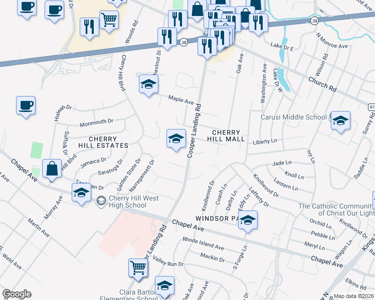 map of restaurants, bars, coffee shops, grocery stores, and more near 724 Cooper Landing Road in Cherry Hill