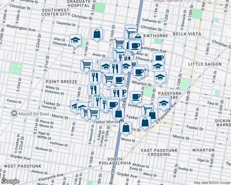 map of restaurants, bars, coffee shops, grocery stores, and more near 1405 South 15th Street in Philadelphia