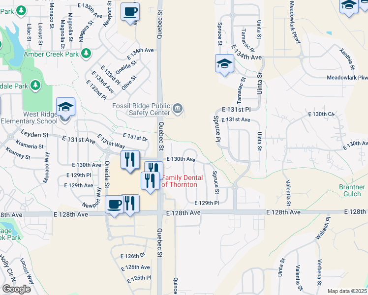 map of restaurants, bars, coffee shops, grocery stores, and more near 7493 East 130th Circle in Thornton