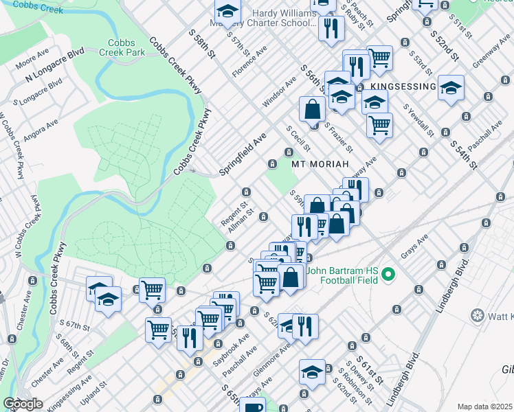map of restaurants, bars, coffee shops, grocery stores, and more near S 60th St & Allman St in Philadelphia