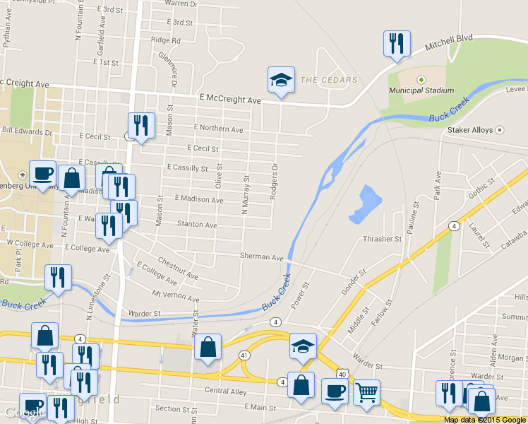 map of restaurants, bars, coffee shops, grocery stores, and more near 733 East Madison Avenue in Springfield