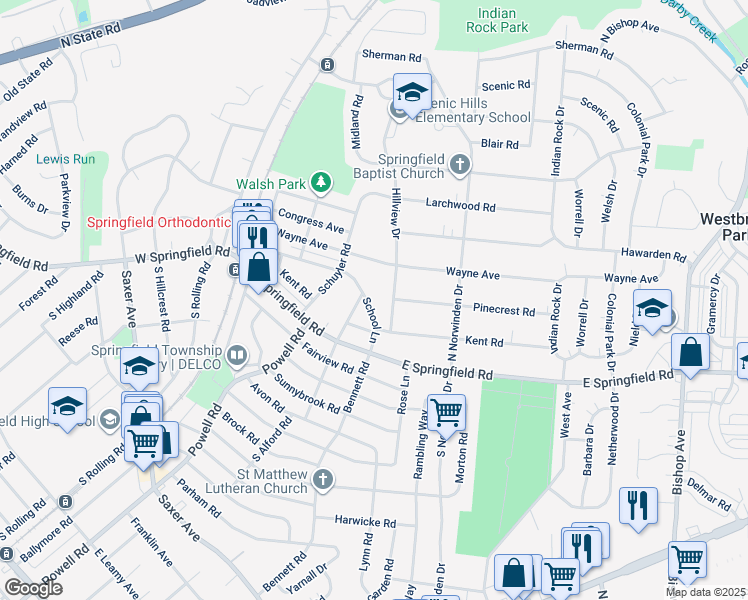 map of restaurants, bars, coffee shops, grocery stores, and more near 243 School Lane in Springfield