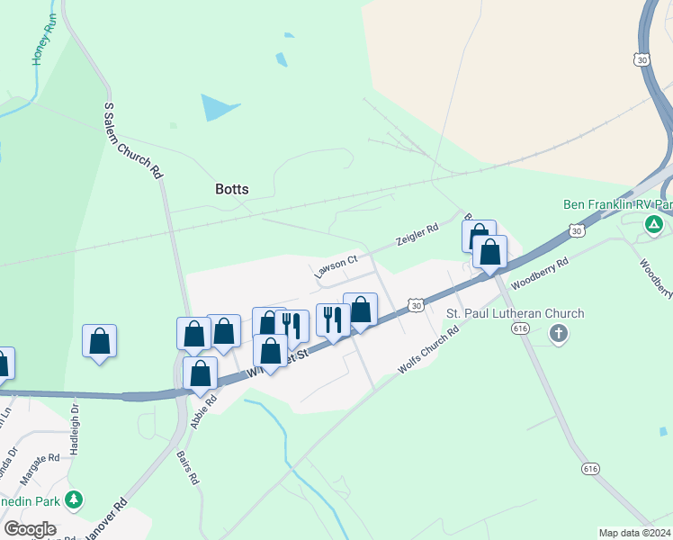 map of restaurants, bars, coffee shops, grocery stores, and more near 54 Lawson Court in York