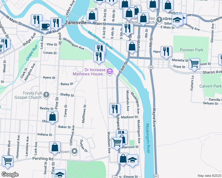 map of restaurants, bars, coffee shops, grocery stores, and more near 228 Adams Street in Zanesville