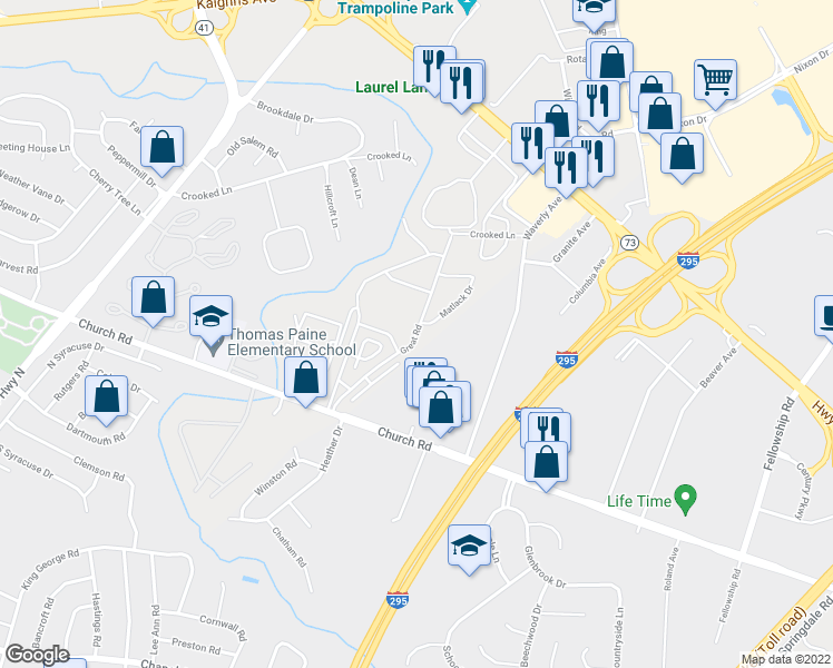 map of restaurants, bars, coffee shops, grocery stores, and more near Great Road in Maple Shade Township