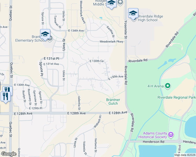 map of restaurants, bars, coffee shops, grocery stores, and more near 8489 East 130th Avenue in Thornton