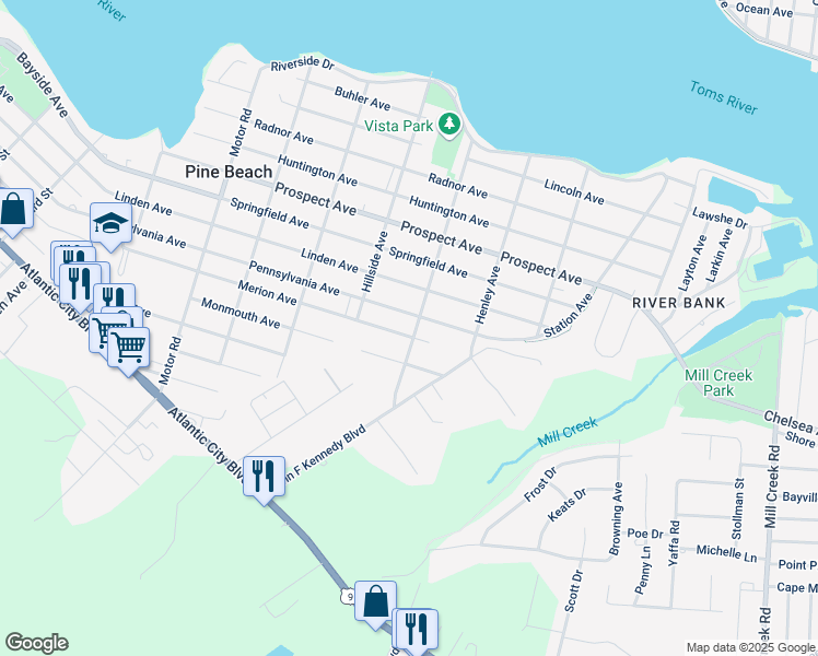 map of restaurants, bars, coffee shops, grocery stores, and more near 85 Midland Avenue in Pine Beach