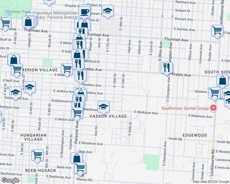 map of restaurants, bars, coffee shops, grocery stores, and more near 638 East Jenkins Avenue in Columbus