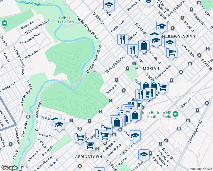 map of restaurants, bars, coffee shops, grocery stores, and more near 6049 Chester Avenue in Philadelphia