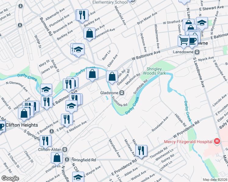 map of restaurants, bars, coffee shops, grocery stores, and more near 233 Scottdale Road in Lansdowne