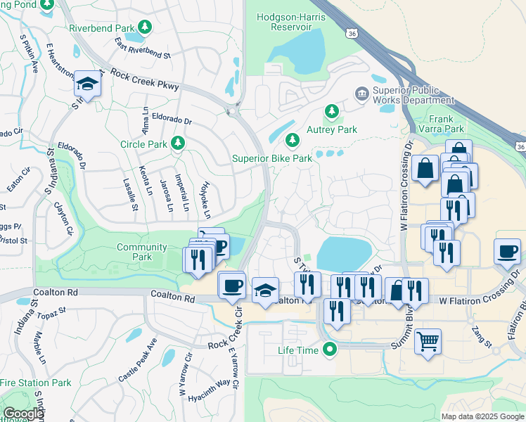 map of restaurants, bars, coffee shops, grocery stores, and more near 2300 Rock Creek Parkway in Louisville