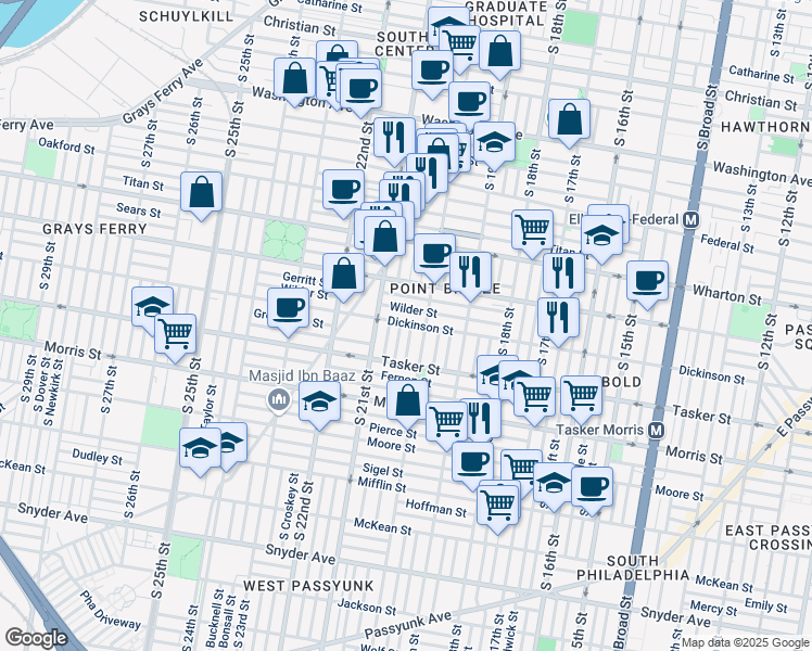 map of restaurants, bars, coffee shops, grocery stores, and more near 2020 Dickinson Street in Philadelphia