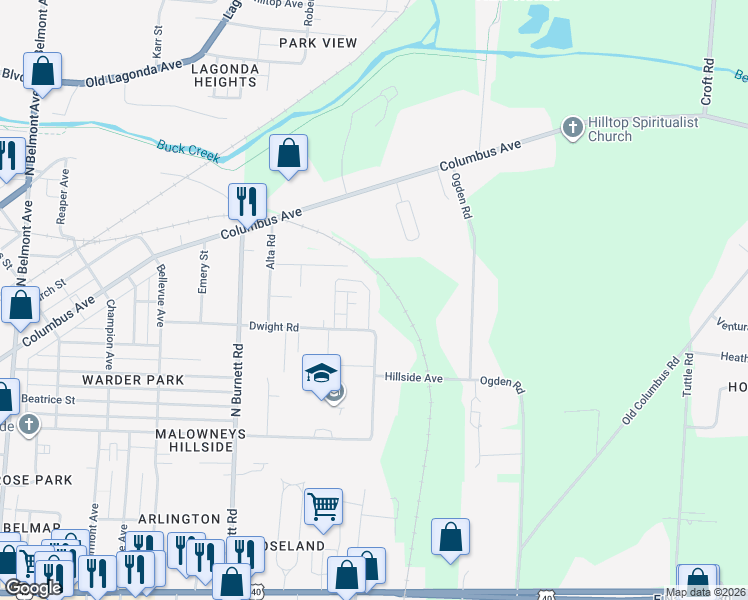 map of restaurants, bars, coffee shops, grocery stores, and more near 2880 Dwight Road in Springfield