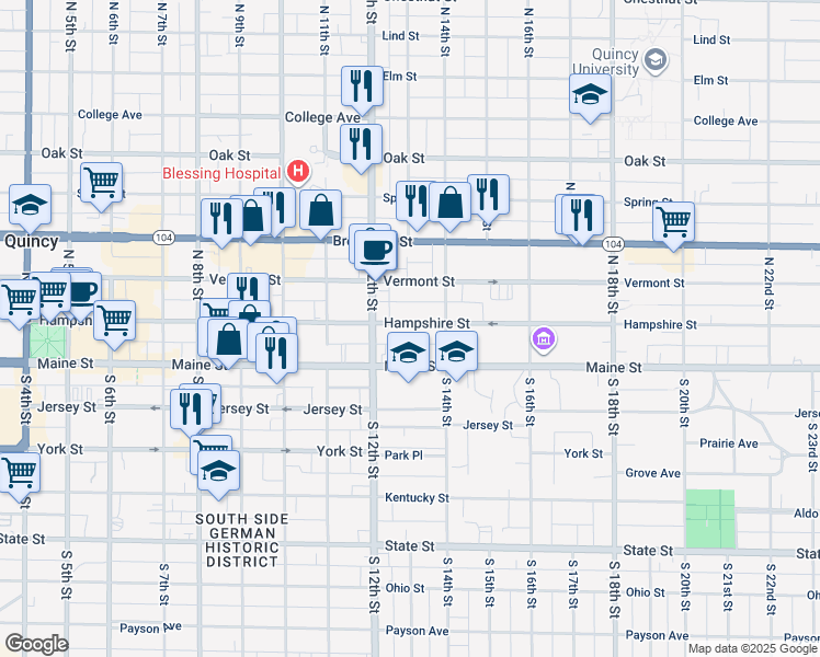 map of restaurants, bars, coffee shops, grocery stores, and more near 1236 Hampshire Street in Quincy