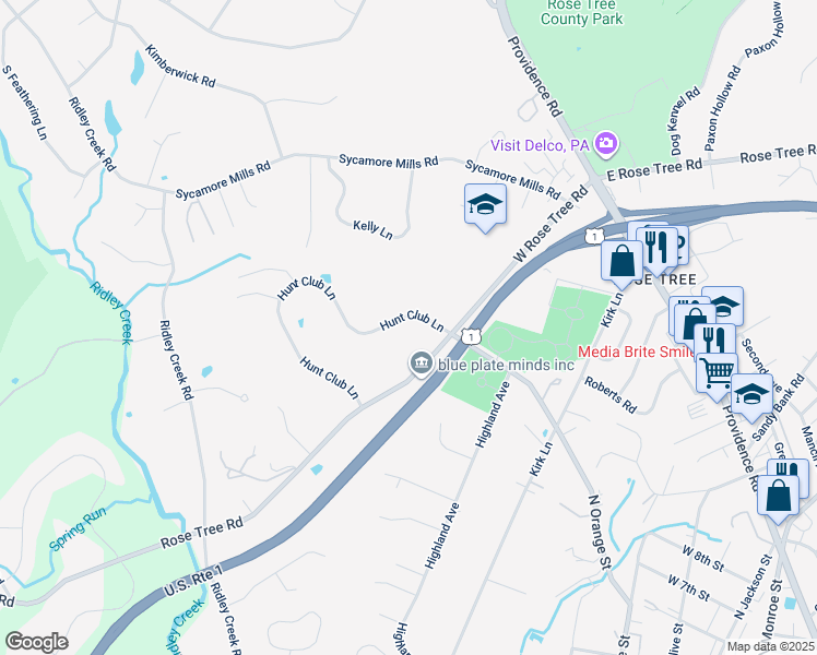 map of restaurants, bars, coffee shops, grocery stores, and more near 1204 Hunt Club Lane in Media