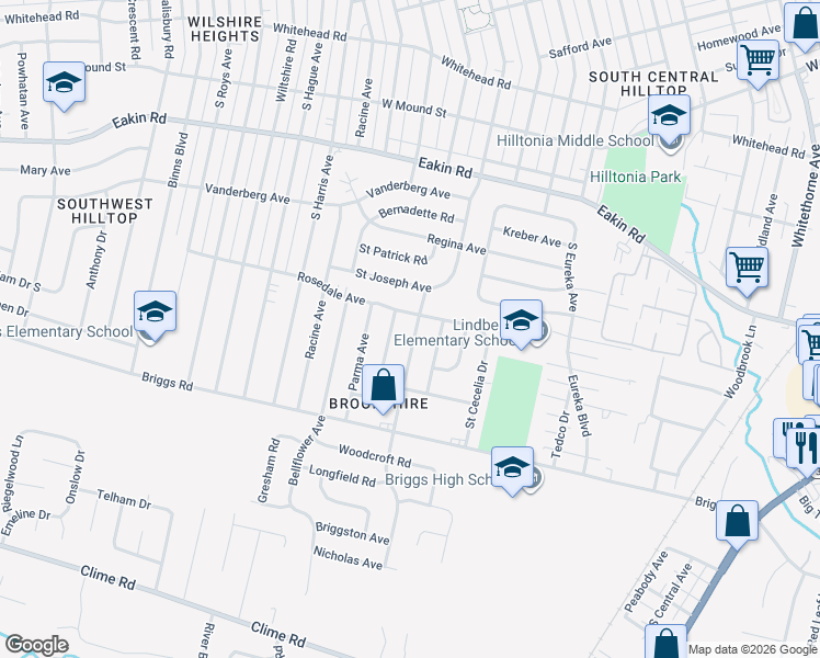 map of restaurants, bars, coffee shops, grocery stores, and more near 1067 Bronwyn Avenue in Columbus