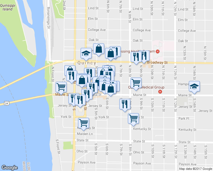map of restaurants, bars, coffee shops, grocery stores, and more near 135 N 6th St in Quincy