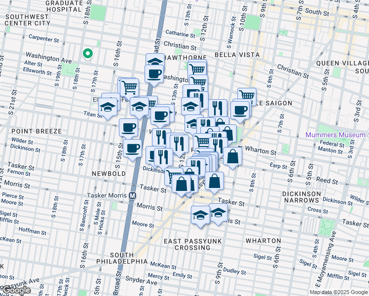 map of restaurants, bars, coffee shops, grocery stores, and more near 1339 South 12th Street in Philadelphia