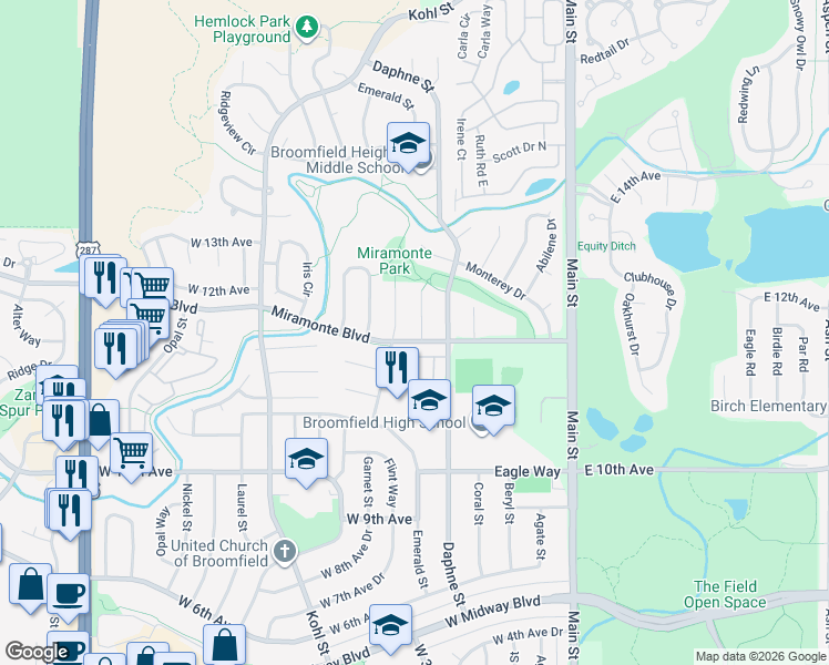 map of restaurants, bars, coffee shops, grocery stores, and more near 1325 Fresno Court in Broomfield